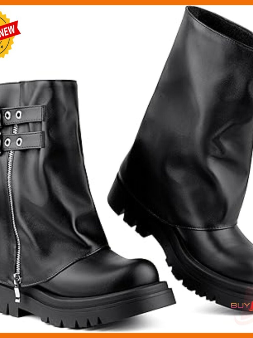 Mid Calf Moto Boots Fold Over Buckle Platform Punk Style